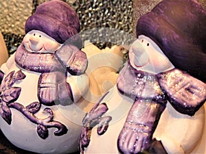 Pair Of Purple Beanie and Scarves Snowmen