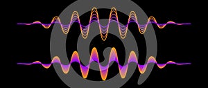 Pair of purple orange gradient sound waves. Two neon pink yellow sinusoid lines. Voice or music audio design element for