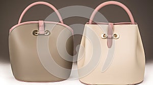 a pair of purses sitting on top of a white table next to a brown and pink bag on a white table top with a brown background