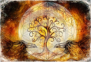 Pair of ravens with tree of life and sacred geometry flower of life symbol, space background.