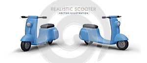Pair of realistic blue scooters. Maneuverable, convenient vehicle for personal use, delivery photo