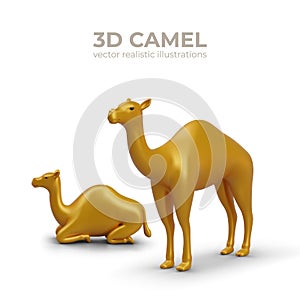 Pair of realistic golden camels. Dromedary in different positions, standing and lying down