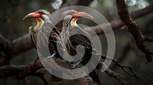 A pair of red-billed hornbills perched on a branch created with Generative AI