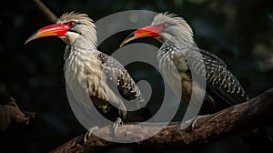 A pair of red-billed hornbills perched on a branch created with Generative AI