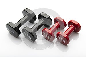 Pair of Red and Black Colored Dumbbells Isolated on White Background