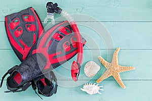 Pair of red and black flippers with seashells