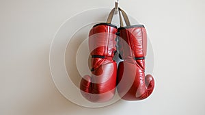 A pair of red boxing gloves hangs on a white wall, symbolizing readiness and strength in sports