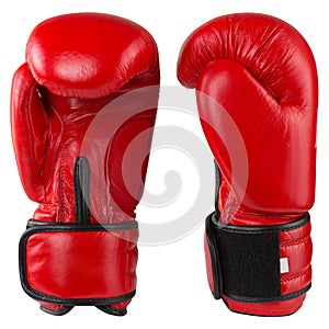 Pair of red boxing gloves standing frontally and sideways, on a white background