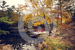 A pair of red chairs on a cottage dock