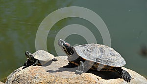 Pair of Red eared Slider Turtles on Rock