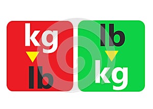 A pair of red green blocks indicating the kilogram to pound and vice versa conversion white backdrop photo
