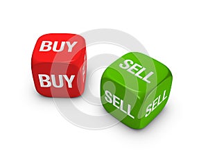 Pair of red and green dice with buy, sell sign