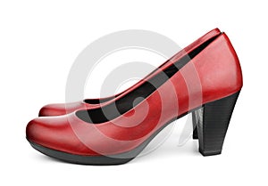 Pair of red high heel leather women shoes