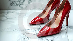 Pair of red high heel shoes on white marble background