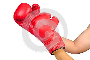 Pair of red leather boxing gloves or mitt isolated