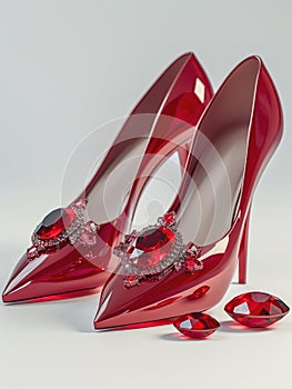 Pair of red leather high heel shoes with ruby gemstones.