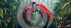 Pair of red macaws in the jungle