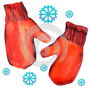 Pair of red mittens with snowflake. Isolate on