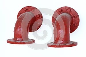 A pair of red painted flange pipe elbow fitting