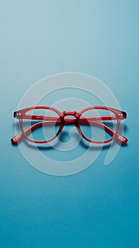 Pair of red plastic rimmed eyeglasses on blue background, stylish