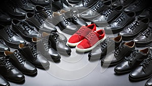 A Pair of Red Sneakers Among a Group of Black Leather Dress Shoes - Generative Ai