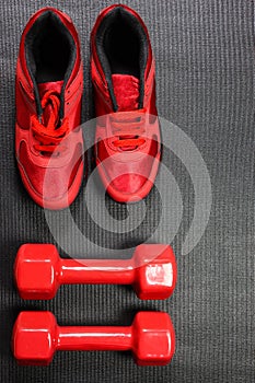 Pair of red sport sneakers and dumbbells, fitness at home concept