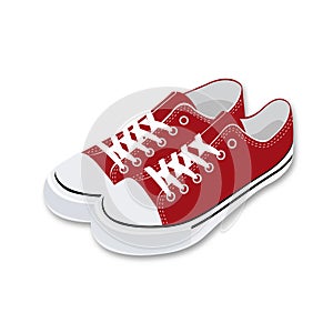 A pair of red textile sneakers with rubber toe and lacing. Hand print with outline. Shoes for sports and recreation.