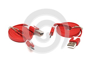 A pair of red Universal Serial Bus USB cable