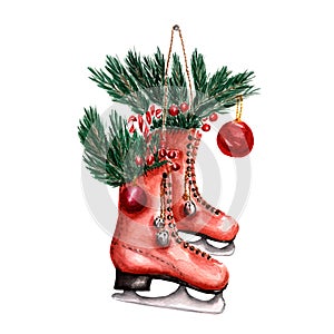 Pair of red vintage ice skates hanging on the laces decorated with with christmas decor. Christmas red berries, branch of pine