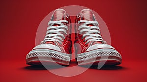 A pair of red and white converse shoes on a red background, AI
