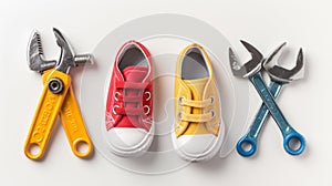 A pair of red and yellow canvas shoes flanked by colorful wrenches on a white background, showcasing a playful juxtaposition of photo