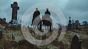 A pair of riders navigate their horses through an abandoned graveyard their dark jackets billowing behind them in the