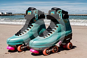 A pair of roller skates abandoned on a beach boardwalk