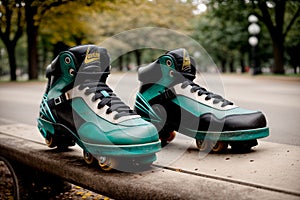 A pair of roller skates discarded on a park bench