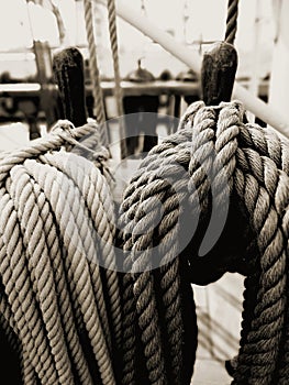 A pair of ropes on board an old sailing ship