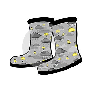 Pair of rubber boot in clouds umbrellas and boots pattern on grey background