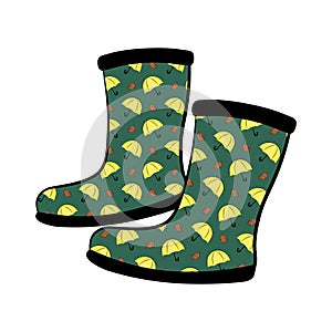 Pair of rubber boot in umbrellas and oak leaves pattern on green background