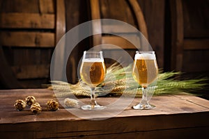 a pair of saison beers sitting on a rustic wooden table photo