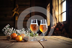 a pair of saison beers sitting on a rustic wooden table photo