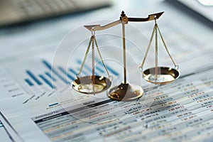 A pair of scales placed on top of a wooden table, A balance sheet displaying assets and liabilities