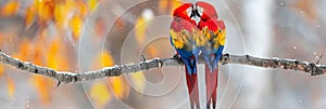 Pair of scarlet macaws facing each other on branch with blurred background copy space available