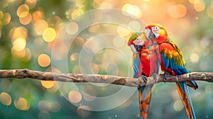 Pair of scarlet macaws perched on a branch with blurred background and copy space