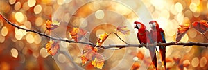 Pair of scarlet macaws perched on branch with blurred background, copy space available