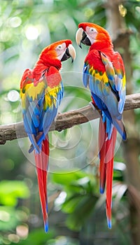 Pair of scarlet macaws perched on branch with blurred background and copy space for text
