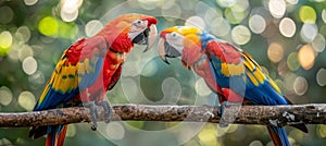 Pair of scarlet macaws perched on a branch with blurred background, copy space for text