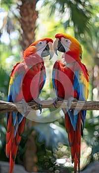 Pair of scarlet macaws perched on branch, blurred background with copy space, wildlife photography