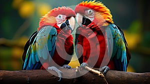 Pair of Scarlet Macaws Perched Intimately on a Branch. Generative AI