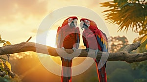 A pair of scarlet macaws perched on a sturdy branch, their plumage aglow in the soft light of a tropical sunset