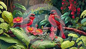 A pair of Scarlet Tanagers amongst thick jungle.