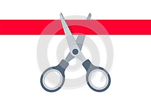 Pair of scissors cut red band. Flat vector concept illustration.